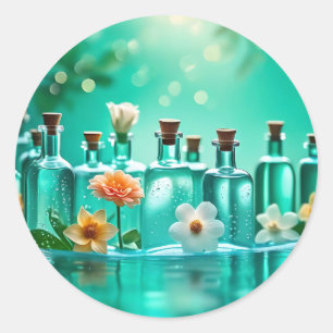 Dreamy Underwater Blommigt Scene med Glass Flaskor Runt Klistermärke