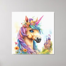 Dreamy Unicorn Watercolor med slott och blommor