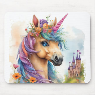 Dreamy Unicorn Watercolor med slott och blommor Musmatta