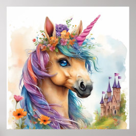 Dreamy Unicorn Watercolor med slott och blommor Poster