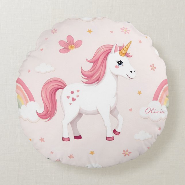 Dreamy Unicorns, Rainbows, Flowers, Cute Rund Kudde (Framsidan)