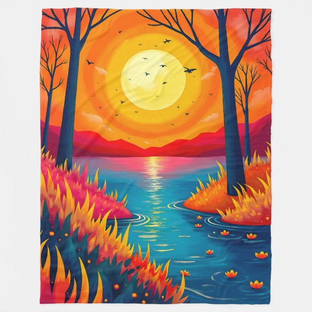 Dreamy Vibrant Sunset Lake Forest Illustration Fleecefilt (Framsidan)