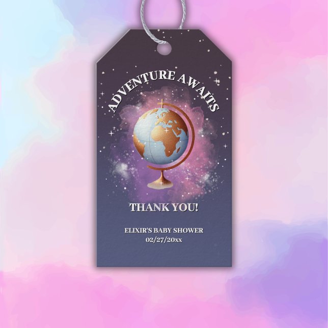 Dreamy Watercolor Äventyr Awaits Baby Shower Presentetikett (Skapare uppladdad)