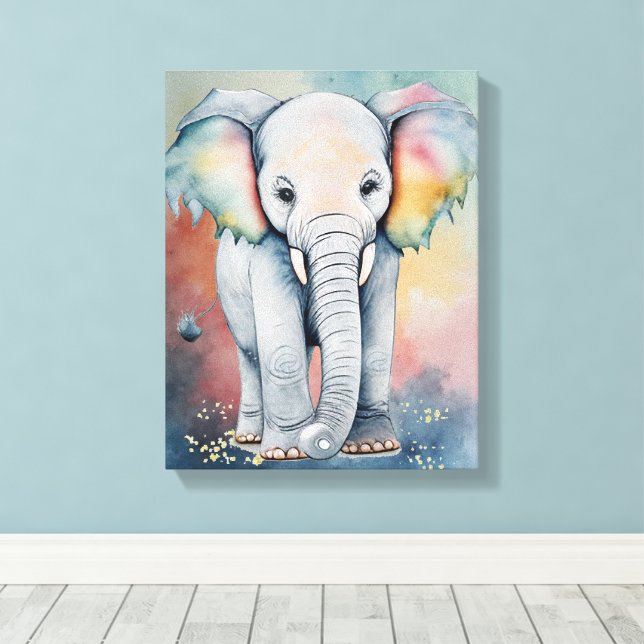 Dreamy Watercolor Baby Elephant Wall Art Canvastryck (Insitu (trägolv))