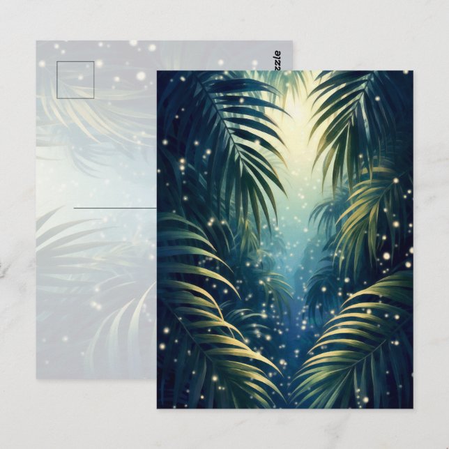 Dreamy watercolor, palm leaves in moonlight vykort (Fram/baksida)