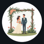 Dreamy Wedding Couple Sticker Runt Klistermärke<br><div class="desc">Adorable illustration of a bride and groom under front of a floral arch,  perfect for adding a romantic touch to any item.</div>