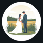 Dreamy Wedding Moment Sticker Runt Klistermärke<br><div class="desc">Capture the essence of love and joy with this charming illustration of a bride and groom standing hand-in-hand,  set against a serene landscape backdrop.</div>