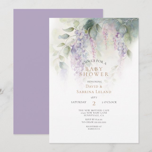 Dreamy Wisteria Watercolor Couples Baby Shower Inbjudningar (Fram/baksida)