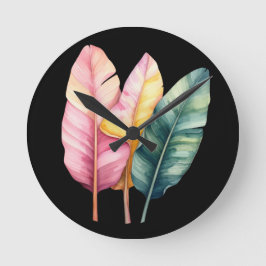 Drei Bananen Blätter in Pastellfarben  Rund Klocka