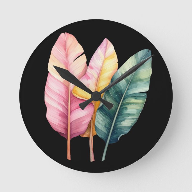 Drei Bananen Blätter in Pastellfarben  Rund Klocka (Framsida)