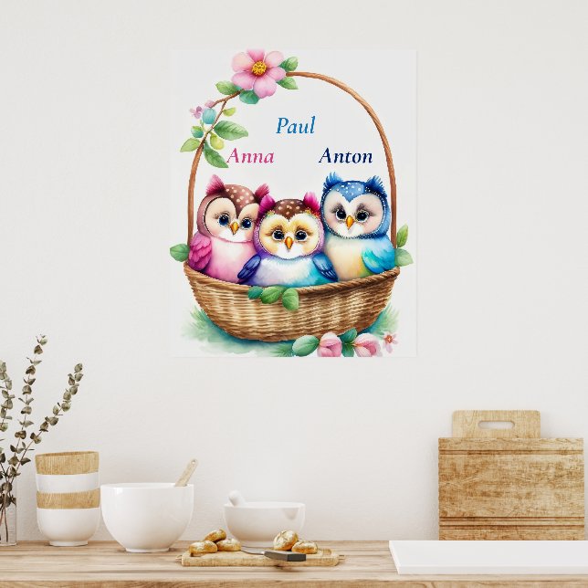Drei Eulen im Korb - Kindermotiv Poster (Kök)