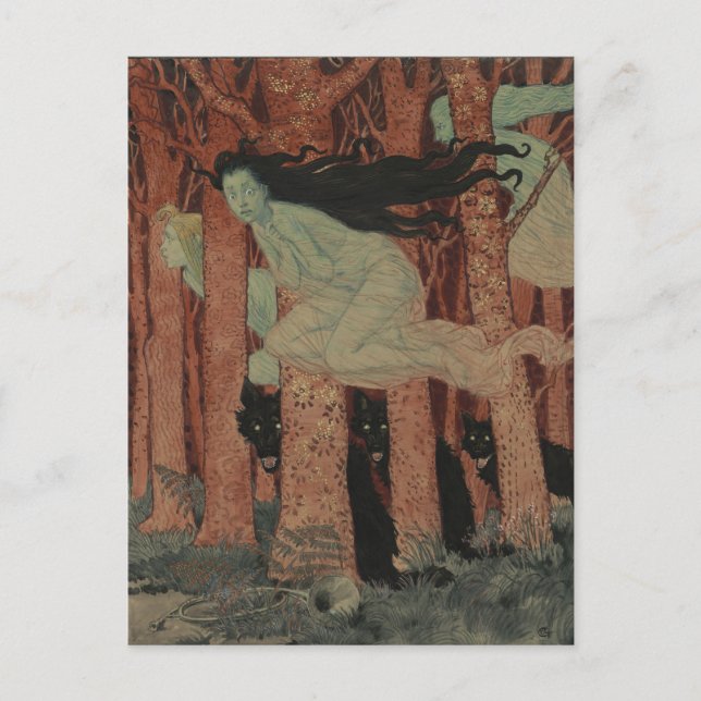 Drei Frauen und drei Wölfe Eugène Grasset Vykort (Framsida)