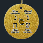 Dreidel anvisningar lyckliga Hanukkah - guld- Julgransprydnad Keramik<br><div class="desc">Dekorativt och lämpligt långt kan att hålla anvisningar för att leka judiska barnens lek av dreidel på för att räcka… dina ungar ta en look, när de behöver en påminnelse av hur man leker och vad de hebréiska breven kallas. Underbar Hanukkah gåva! VAR SÄKER ATT ÄNDRA MEDDELANDET PÅ BAKSIDA AV...</div>