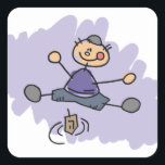 Dreidel Boy Fyrkantigt Klistermärke<br><div class="desc">Barnlik teckning av en pojke som snurrar drömmaren.</div>