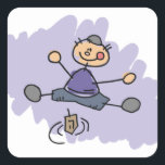 Dreidel Boy Fyrkantigt Klistermärke<br><div class="desc">Barnlik teckning av en pojke som snurrar drömmaren.</div>