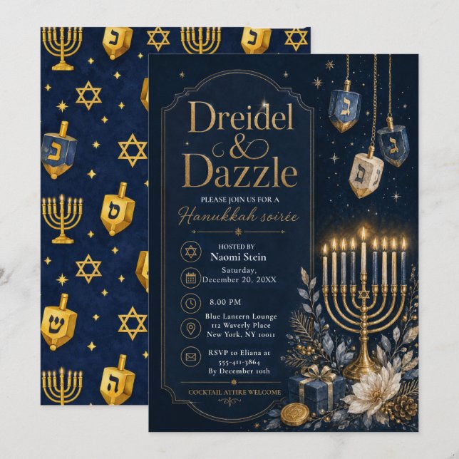 Dreidel & Dazzle Hanukkah-fest Inbjudningar (Fram/baksida)
