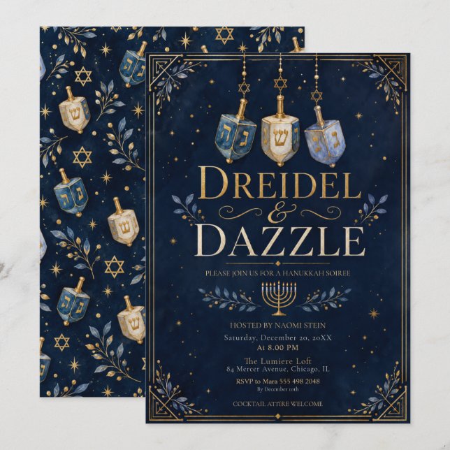 Dreidel & Dazzle Hanukkah-soaré Inbjudningar (Fram/baksida)