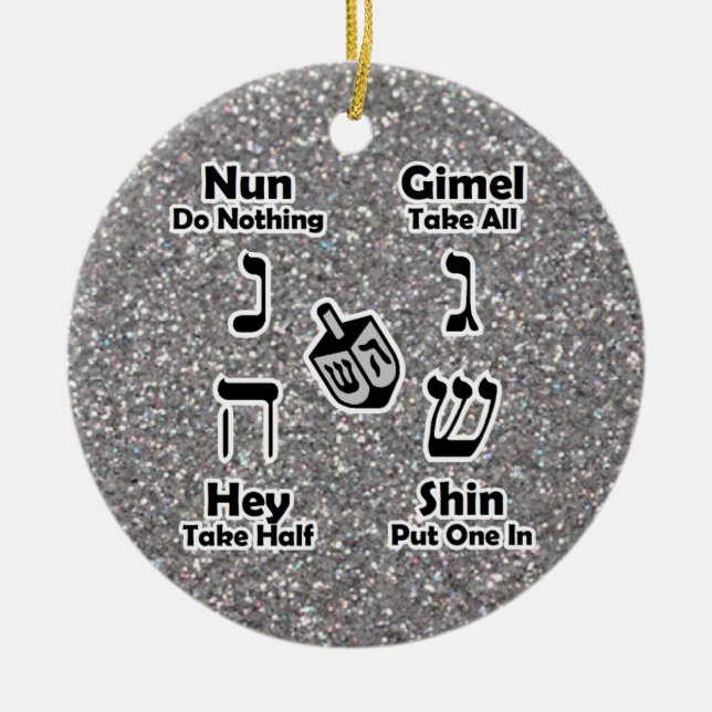 Dreidel Instructions Lycklig Hanukkah Silver Glitt Julgransprydnad Keramik (Framsidan)