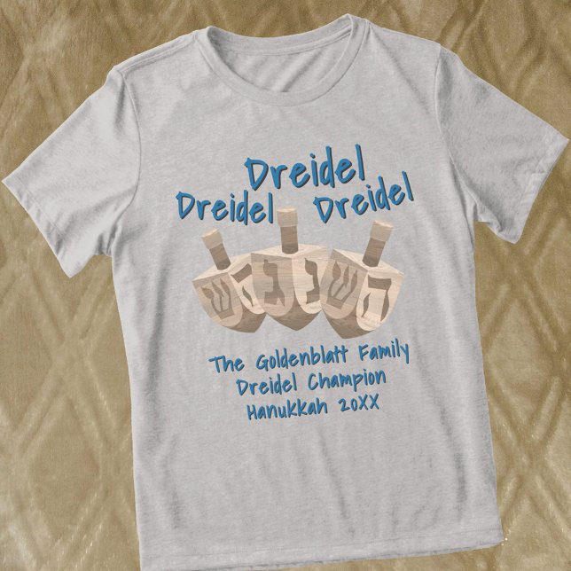 Dreidel Rustic Oak Champion Hanukkah Funny T Shirt (Personalize this cute dreidel tee shirt for Hanukkah with your own custom dark blue text)
