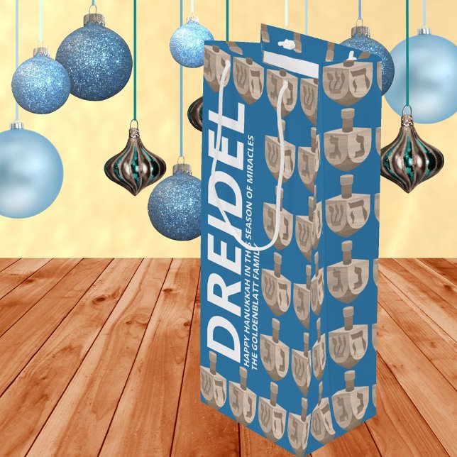 Dreidel Rustic Oak Roligt Blue and White Hanukkah (Bold typography text and faux oak wood dreidels on rich blue makes these Hanukkah gift bags stylish)