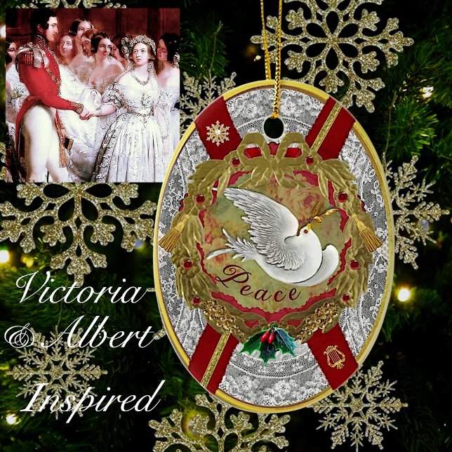 Dresden "Normandie" Peace Dove Ornament (White lace & royal red accented with gold, inspired by the wedding of Queen Victoria & Prince Albert)