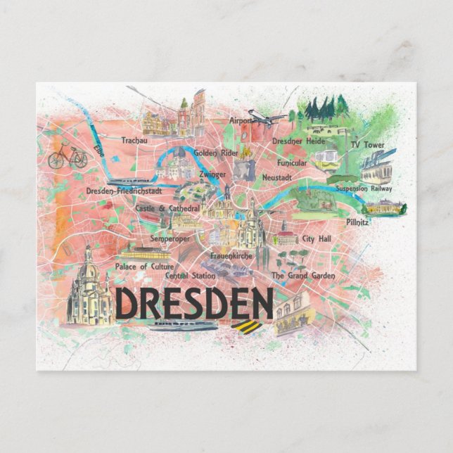 Dresden Sachsen Tyskland Illustrated Karta Vykort (Framsida)