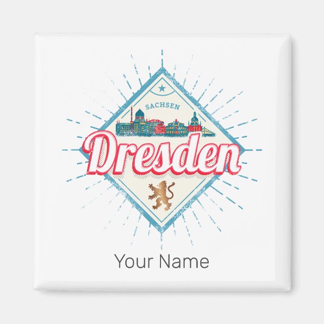 Dresden Tyskland Sachsen Retro Skyline Vintage Magnet (Framsidan)