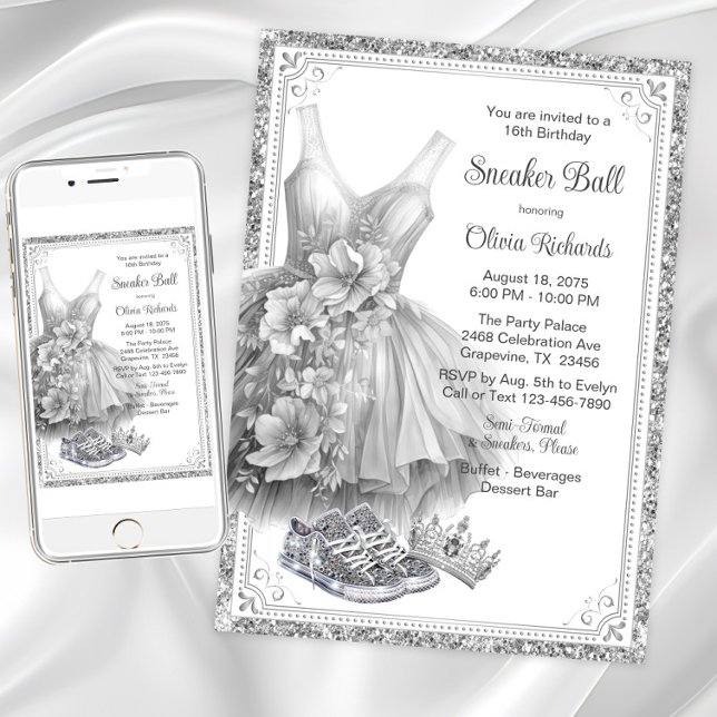 Dress Bling Sneaker Ball Födelsedagsfest  Inbjudningar (Girl beautiful sneaker ball invitation. Instant download and printed invitations available.)