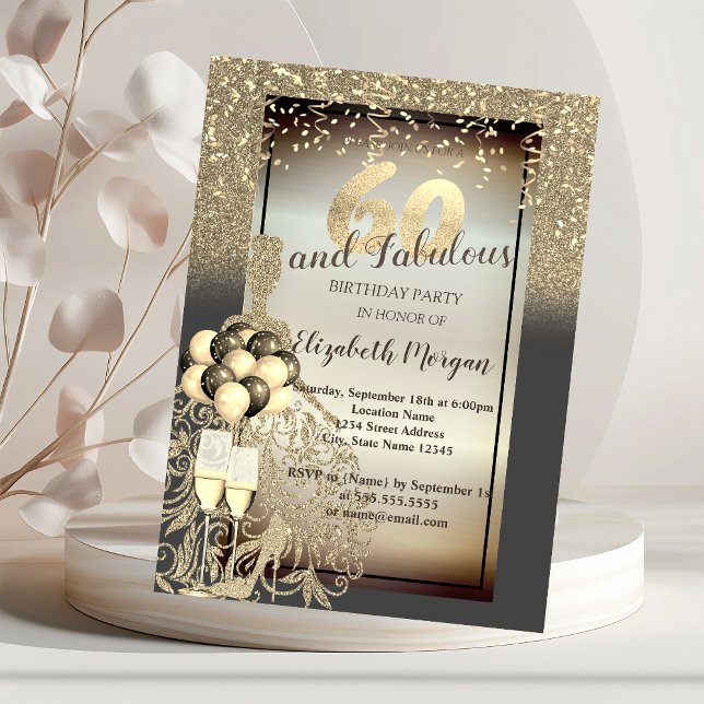 Dress, bubblor,60:e Födelsedagsfesten i guld Inbjudningar (Skapare uppladdad)