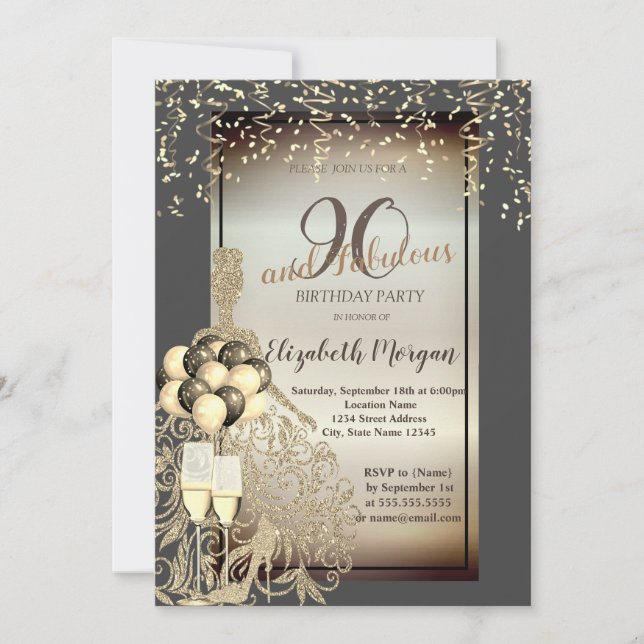 Dress, bubblor,90:e Födelsedagsfest, guld Glitter Inbjudningar (Framsida)