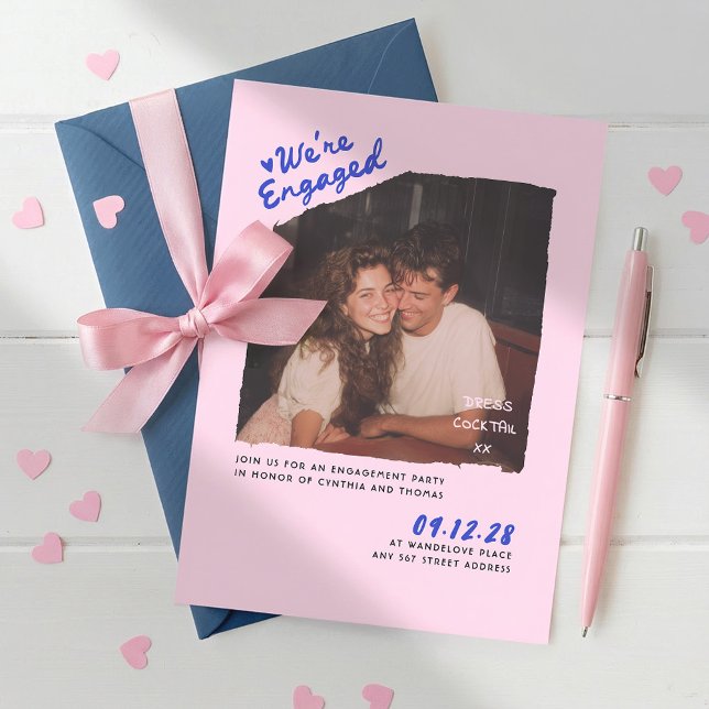Dress Cocktail Handwritten Engagement Party Photo Inbjudningar (Whimsical Playful Retro Square Photo Pink Blue Casual Fun Handwritten Engagement Party Invitation)