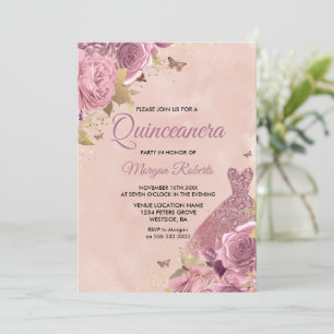 Dress Dusty Ro Blommigt Quinceanera Party Inbjudningar