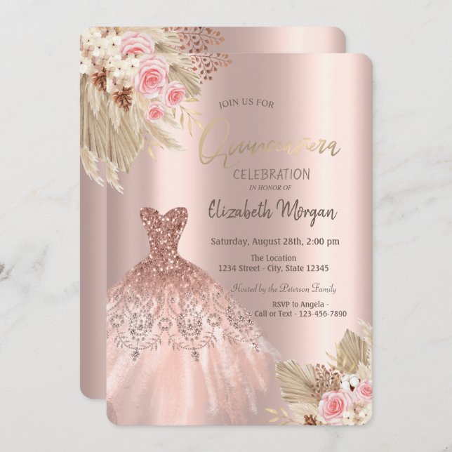 Dress Flowers Quinceañera ro Glitter Inbjudningar (Fram/baksida)