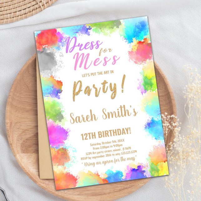 Dress för  födelsemeddelanden inbjudningar (Dress for Mess Paint Birthday Invitations)
