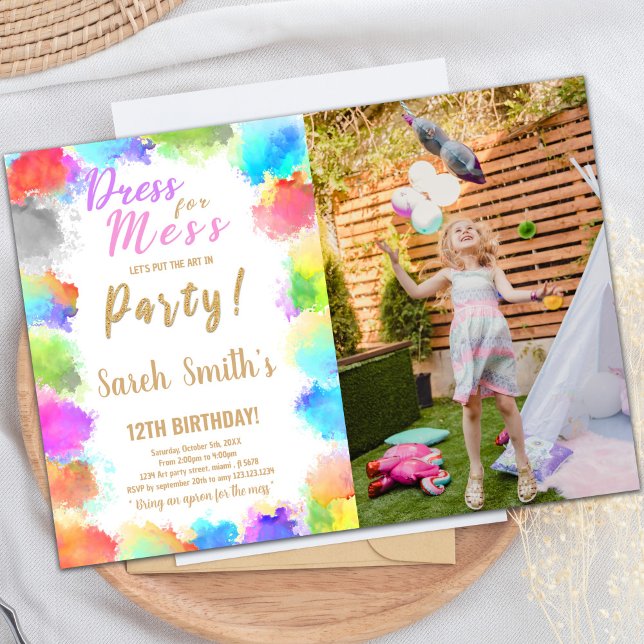 Dress för  inbjudan till födelsedag (Dress for Mess Paint Birthday Invitations w photo)
