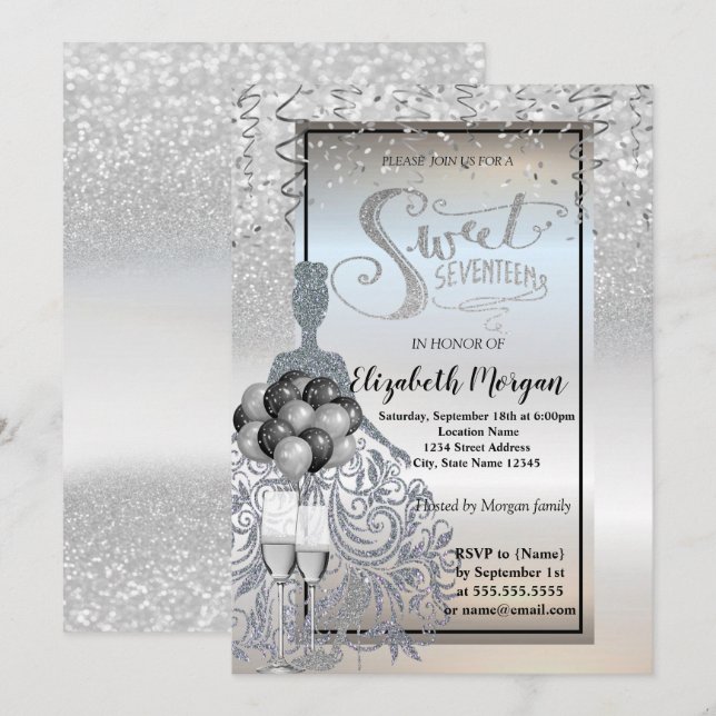 Dress,Glas,Ballonsvett 17 silver Glitter Inbjudningar (Fram/baksida)