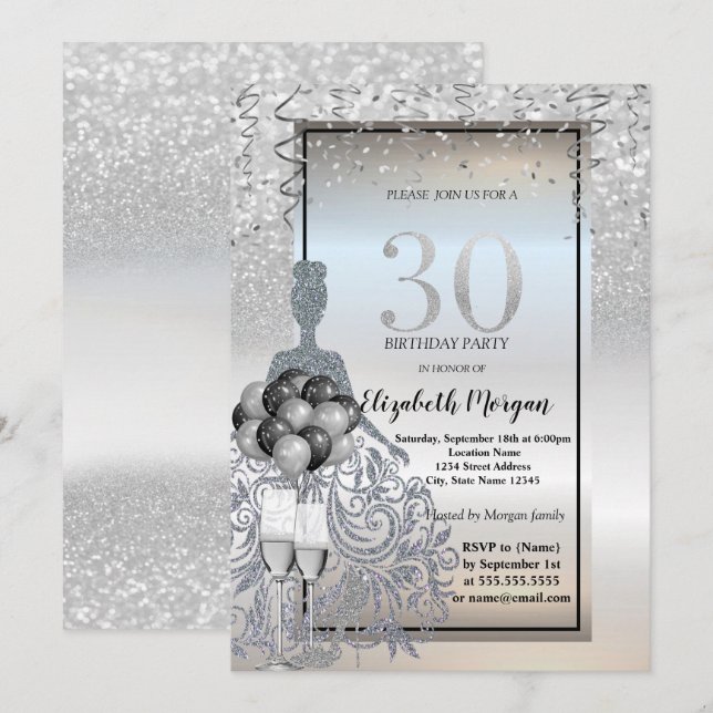 Dress, glas, Glitter, silver, glas, ballonger 30år Inbjudningar (Fram/baksida)