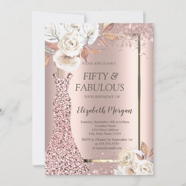 Dress Glitter Confetti Autumn Flowers 50:e Inbjudningar (Framsida)