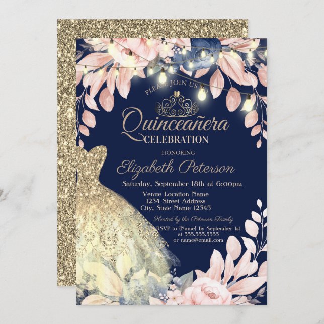 Dress guld Glitter,Tiara Blommigt Quinceañera Inbjudningar (Fram/baksida)