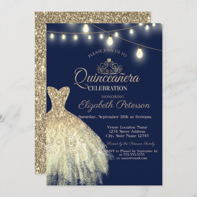 Dress guld Glitter,Tiara Quinceañera Inbjudningar (Fram/baksida)