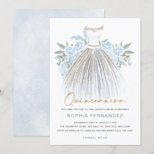 Dress Quinceañera, Blommigt Dusty Blue guld glitte Inbjudningar