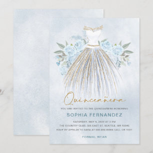 Dress Quinceañera, Blommigt Dusty Blue guld glitte Inbjudningar