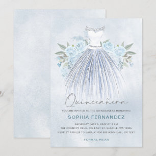 Dress Quinceañera, Blommigt Dusty Blue Silver glit Inbjudningar