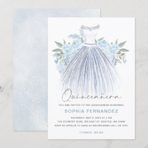 Dress Quinceañera, Blommigt Dusty Blue Silver glit Inbjudningar