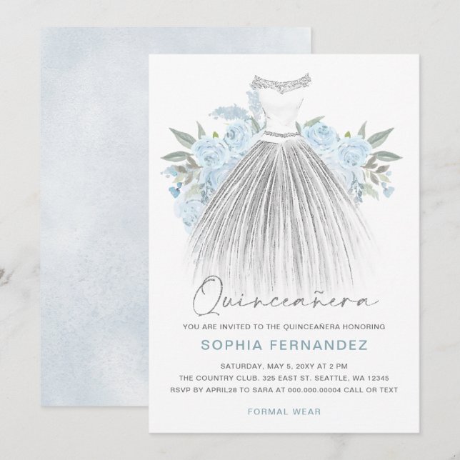 Dress Quinceañera, Blommigt Dusty Blue Silver glit Inbjudningar (Fram/baksida)