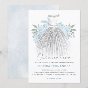 Dress Quinceañera, Blommigt Dusty Blue Silver glit Inbjudningar