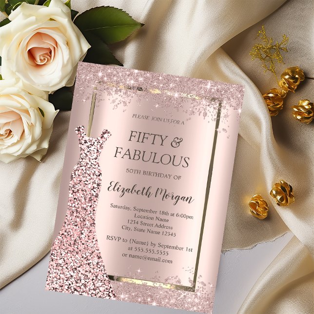 Dress Ro Guld Glitter Confetti 50:e födelsedagen Inbjudningar (Skapare uppladdad)
