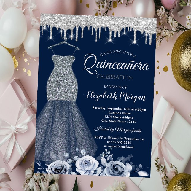 Dress silver Glitter, drivmedel Ro Quinceañera Inbjudningar (Skapare uppladdad)
