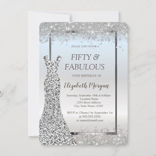 Dress Silver Glitter Konfetti 50-årsdag   Inbjudningar (Framsida)