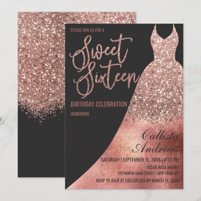 Dress Sweet 16, Ro, svart,, Guld, Glitter Inbjudningar (Fram/baksida)